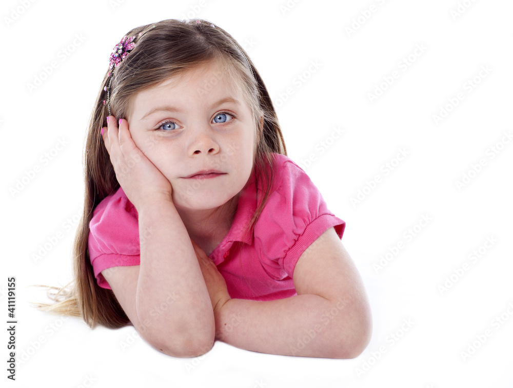 Cute girl leaning on hand isolated on white Cute girl leaning on hand isolated on white