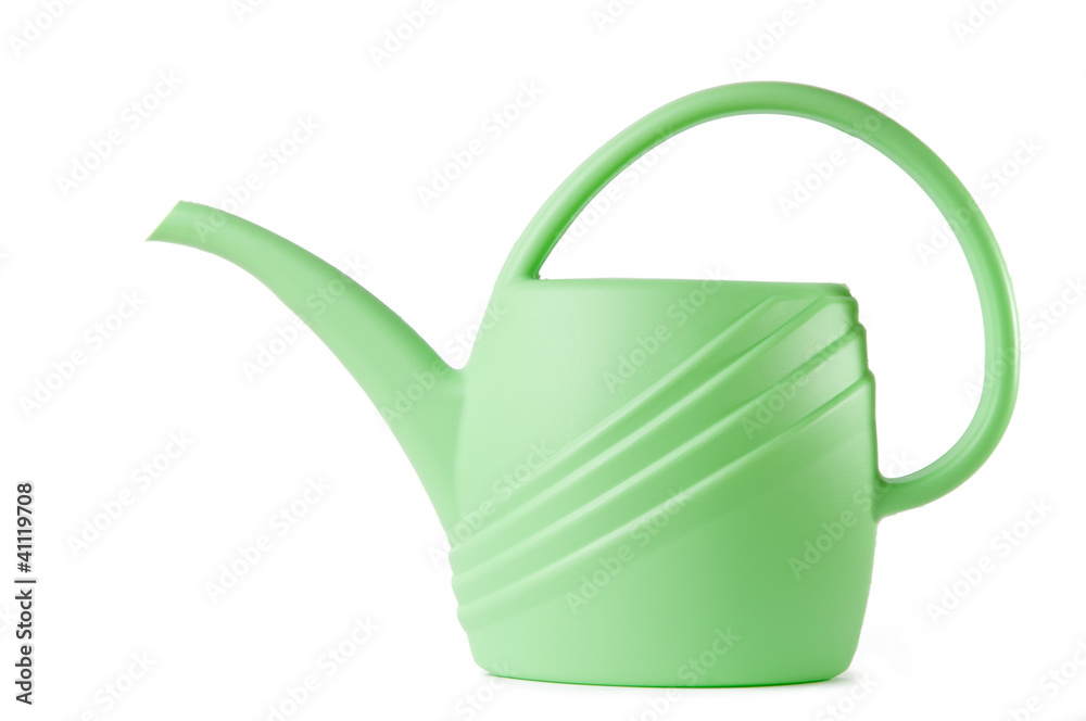 A green standard watering can, side view, isolated over white A green standard watering can, side view, isolated over white