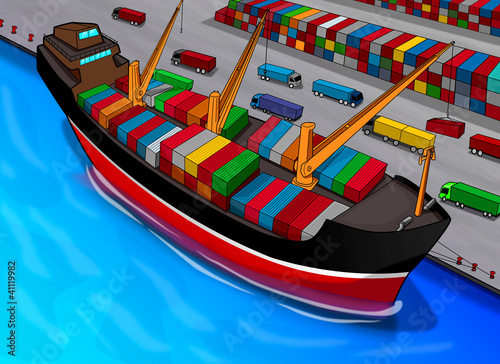 Illustration of a cargo ship is loading containers at the port photo