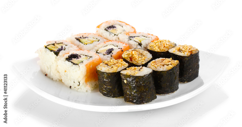 Tasty rolls served on white plate isolated on white Tasty rolls served on white plate isolated on white