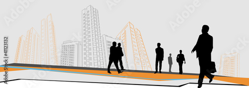 business people go to work in front of large buildings