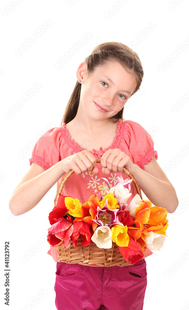 Portrait of beautiful little girl with tulips in basket Portrait of beautiful little girl with tulips in basket