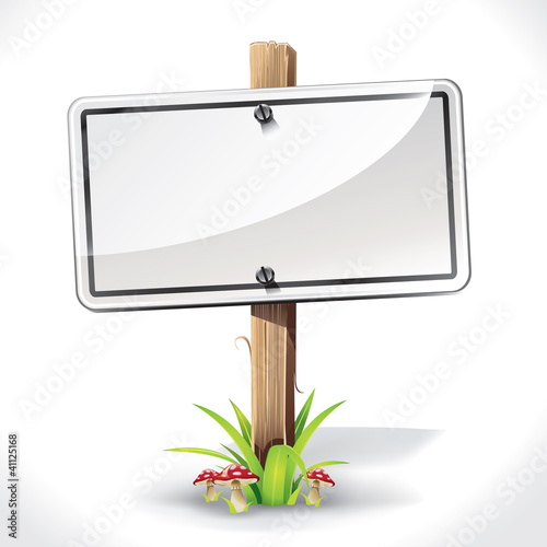 Signs Board hanging with wood pole on a grass and mushrooms. vec