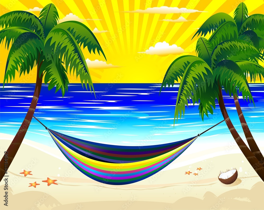 Relax-Amaca in Spiaggia Esotica-Hammock on Tropical Beach Stock Vector |  Adobe Stock