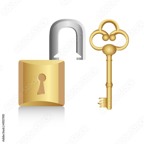 old golden key with gold lock