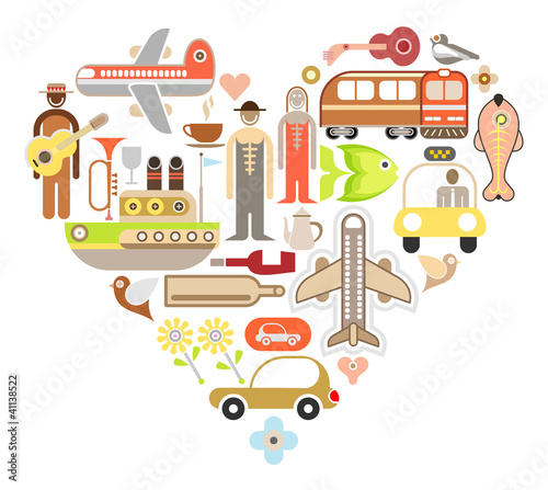 Travel Icons in Heart Shape