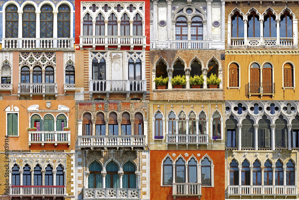 Collage of the ancient unique Venetian balconies.