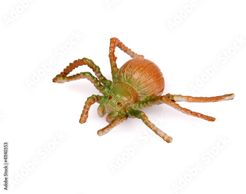 Colorful Plastic Toy Spiders on White Background