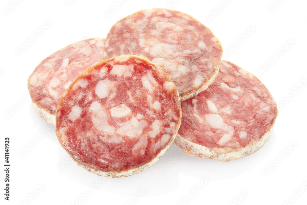 Salami slices on white, clipping path included