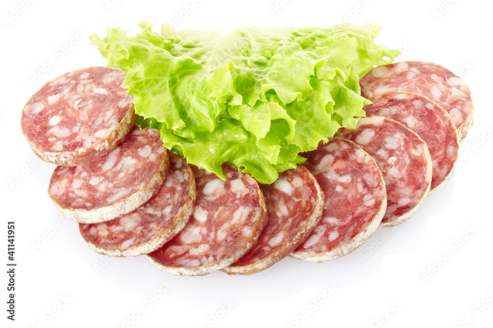 Salami with salad on white, clipping path included