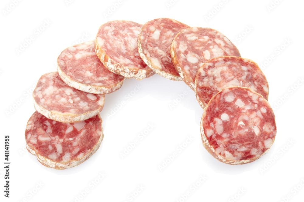 Salami slices on white, clipping path included