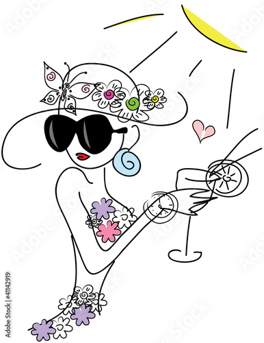 Cute fashionable doodle girl with cocktail