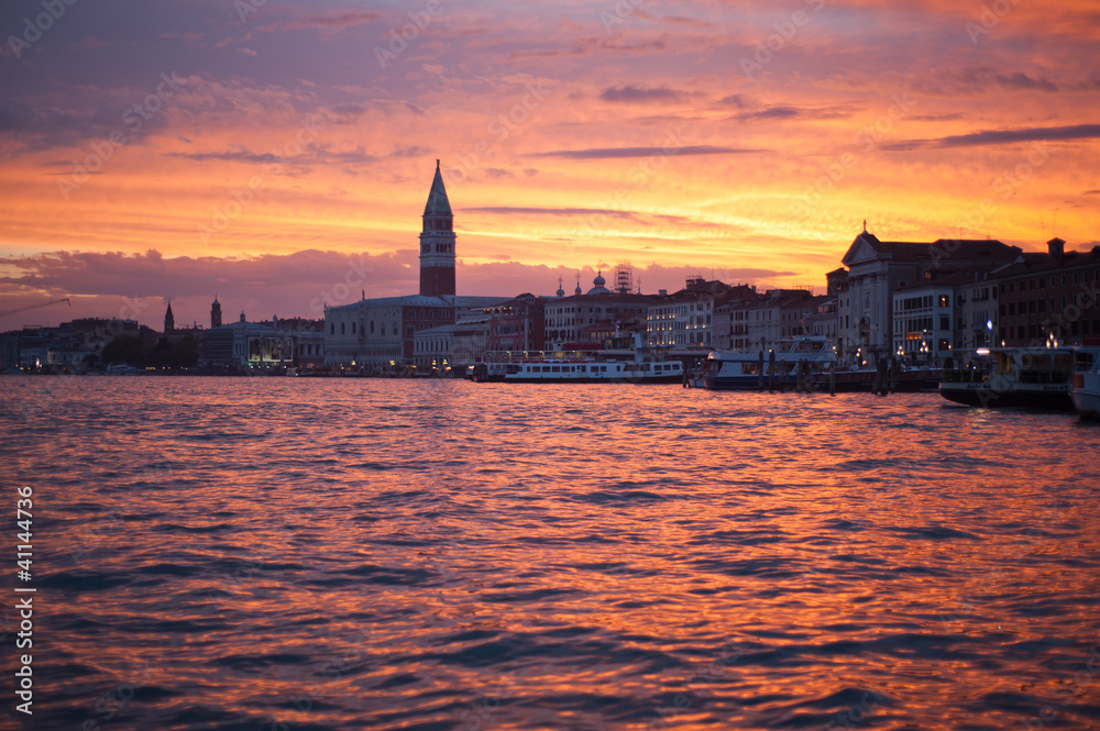 Typical scene of Venice City in Italy at sunset