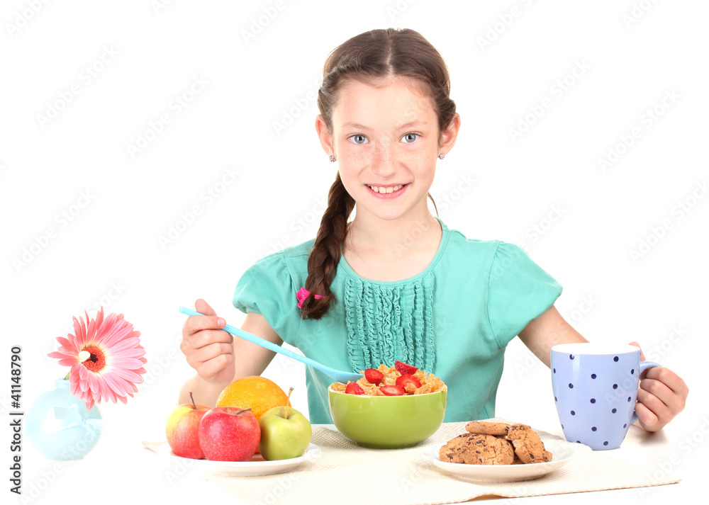 little beautiful girl have a breakfast on white background little beautiful girl have a breakfast on white background