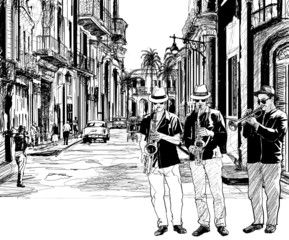 Wandcirkels Muziekband Cubaanse jazzband op straat  © Isaxar