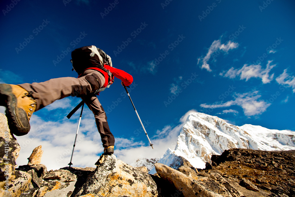 Hiker in Himalaya mountains - obrazy, fototapety, plakaty 