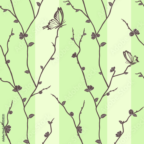 Vector seamless pattern with butterflies on sakura