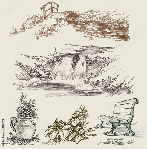 Park or garden design elements sketch