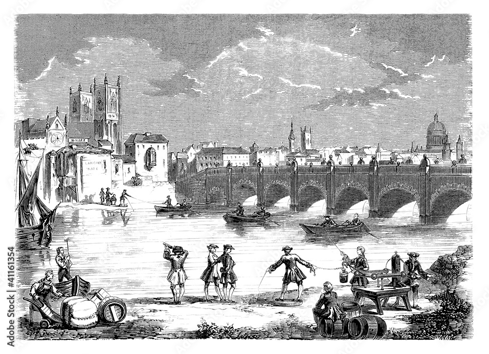 Fototapeta premium Ancient London Bridge - 18th century