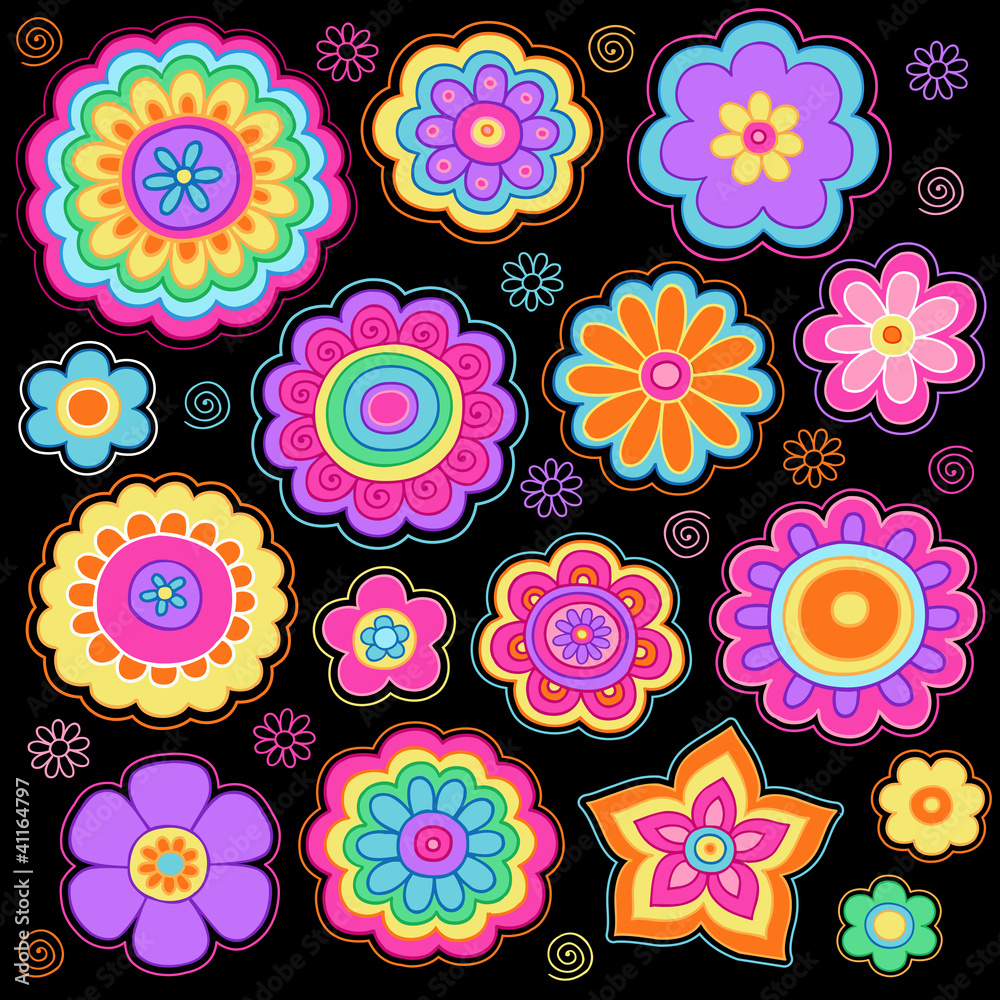 Groovy Flower Power Doodles Psychedelic Design Elements Stock Vector |  Adobe Stock