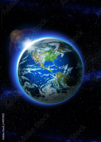 Fototapeta Naklejka Na Ścianę i Meble -  Planet earth with sunrise in space, Rising Sun over Earth