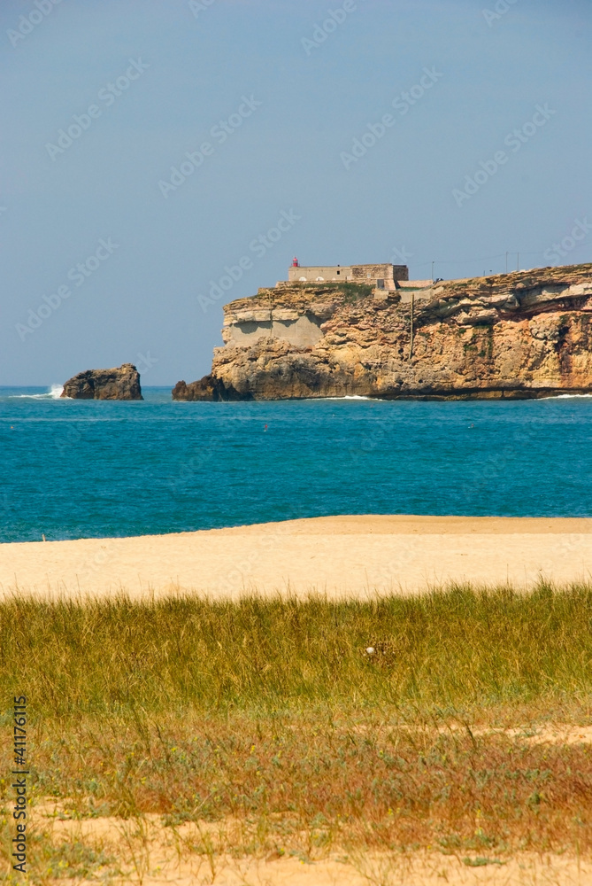 Cliff on sandy beach with grass, Nazare, Portugal