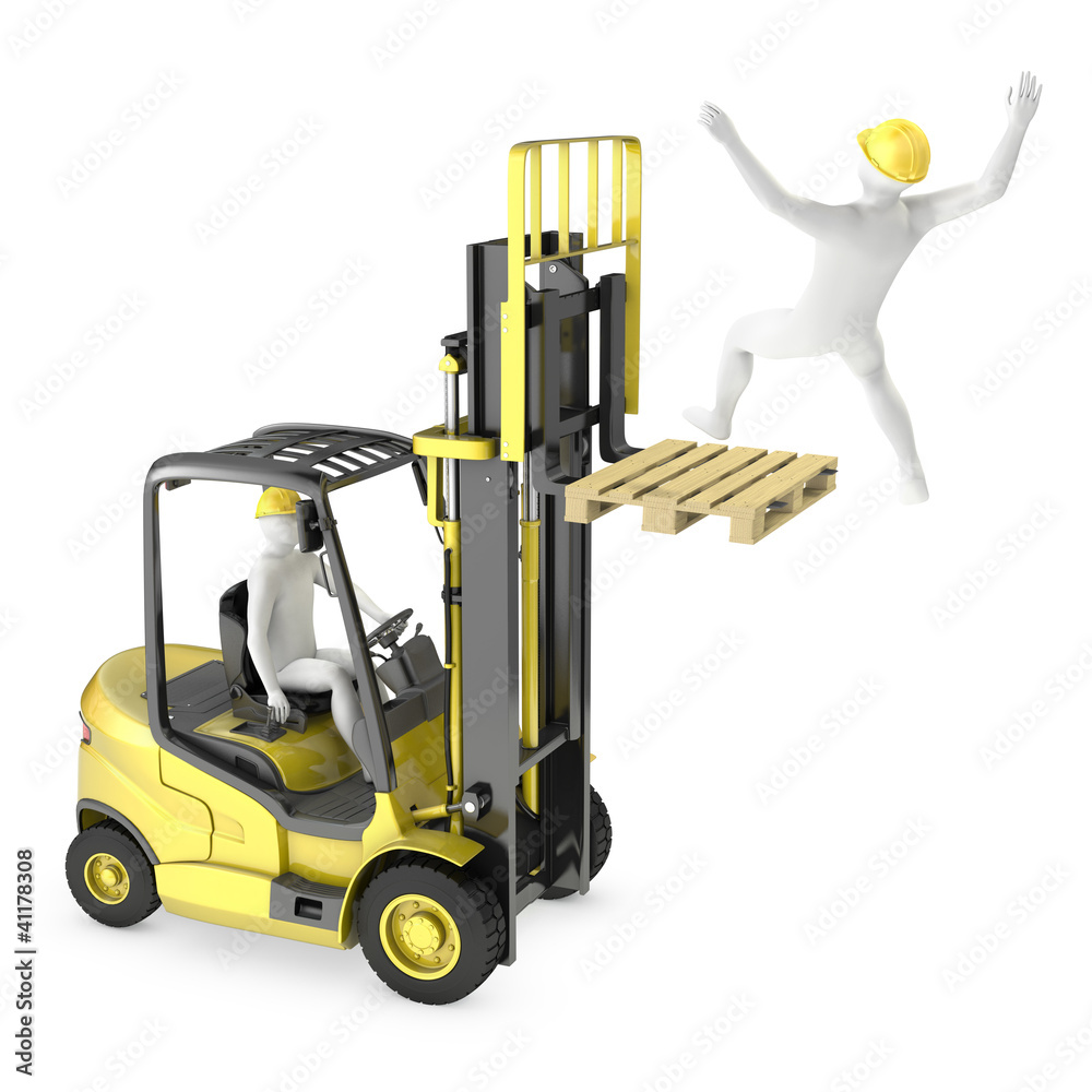 Abstract white man falling from lift truck fork