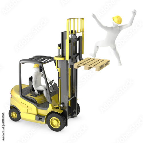 Abstract white man falling from lift truck fork