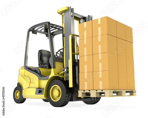 Yellow fork lift truck with big stack of carton boxes