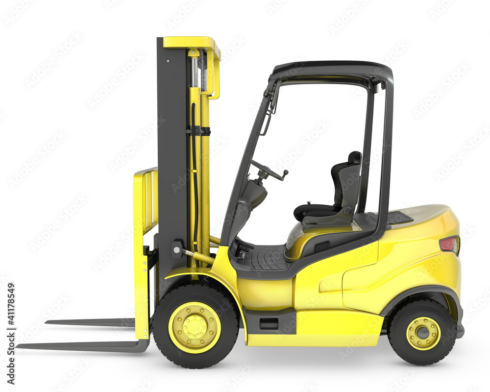 Yellow fork lift truck side view Yellow fork lift truck side view