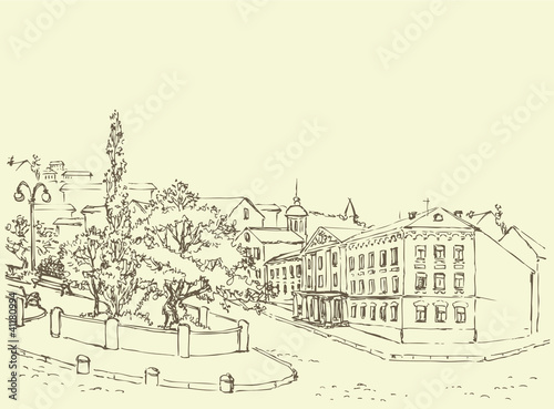 Vector cityscape. Park avenue and old buildings of city