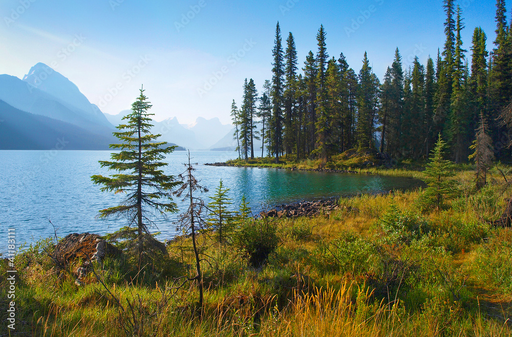 Nature landscape with mountain lake at dawn in Alberta, Canada