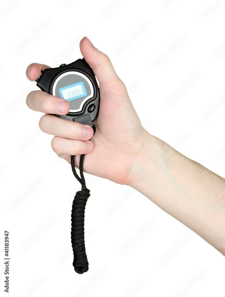electronic sport timer in hand isolated on white electronic sport timer in hand isolated on white