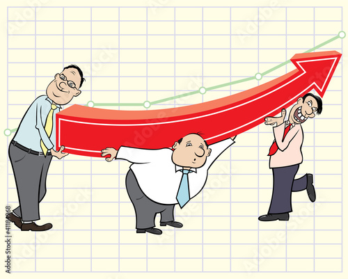 Three businessmen and arrow graph