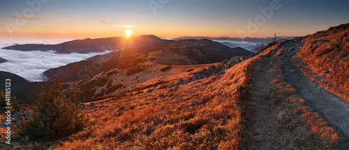 Mountain panorama at sunset with path - Low Tatras ini Slovakia