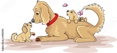 Cute puppies playing with their mother dog.