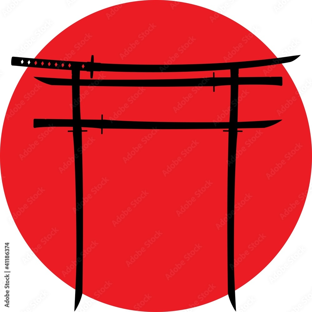 silhouette of torii gate with japanese swords silhouette of torii gate with japanese swords