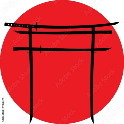 silhouette of torii gate with japanese swords