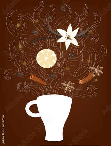 Decorative vector illustration with cup of coffee, steam and spi