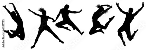 Silhouettes of men and girls in a jump
