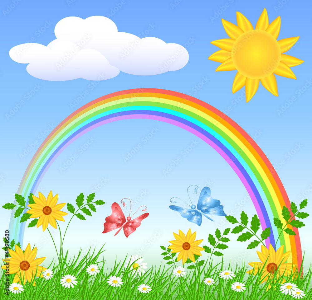 Flowers with green grass and rainbow