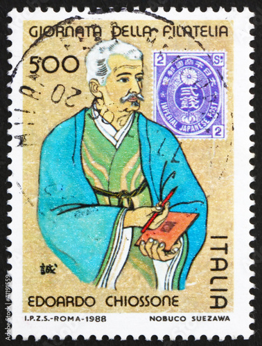 Postage stamp Italy 1989 Japan Stamp and Stamp Designer Edoardo photo