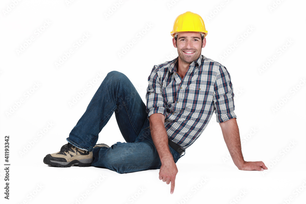 Floating tradesman pointing to an invisible object Floating tradesman pointing to an invisible object