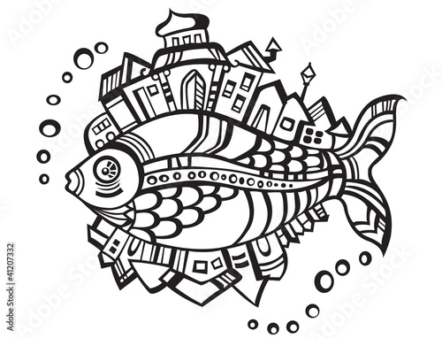fantastic fish-city, logo isolated on white background