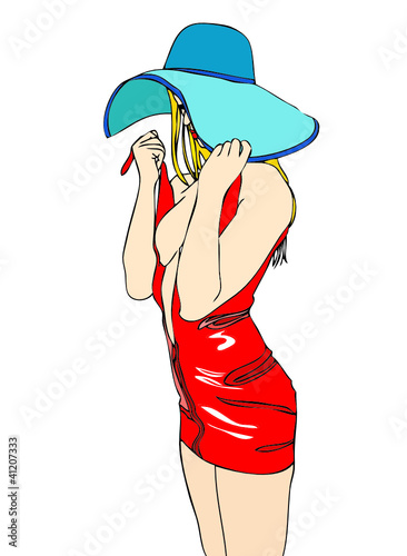 Bella ragazza con cappello e abito rosso