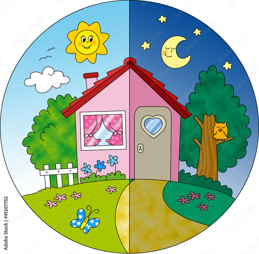 Casa di campagna giorno e notte, illustrazione per bambini. Stock  Illustration | Adobe Stock