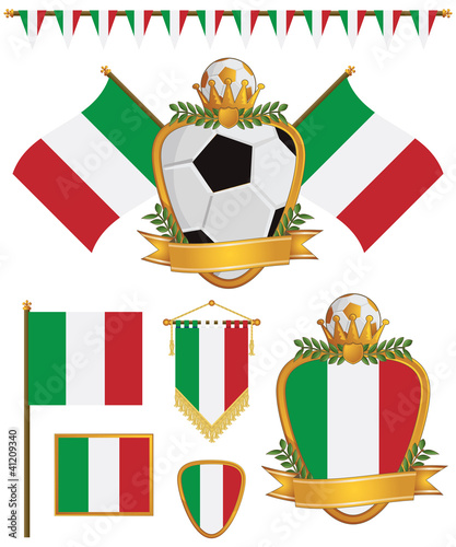 Italy flag football emblem shields and bunting vector clipart soccer decorations isolated on white