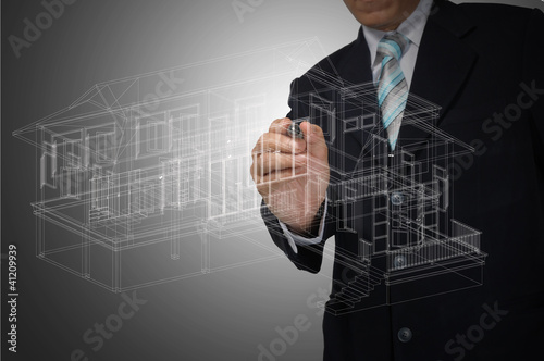 Hand of Business Man Draw 3D architect or home plan