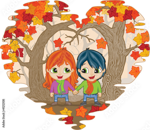 Boy and Girl holding hands in Autumn woods in heart shame