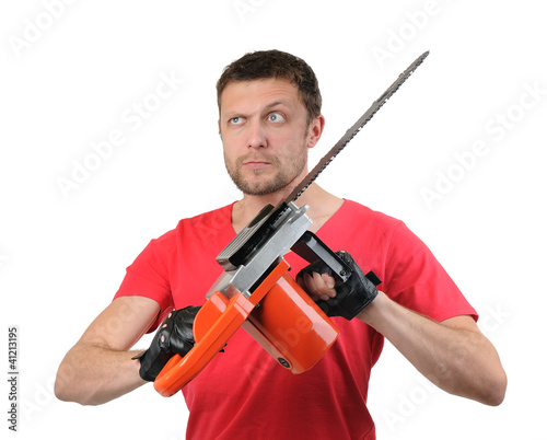 Portrait man with electric saw on white background